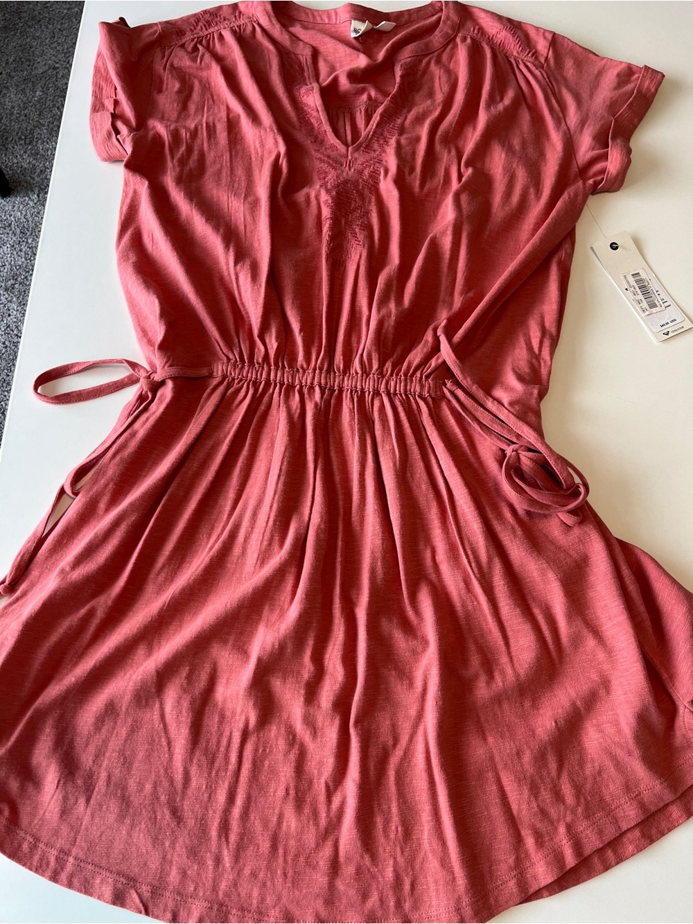 Roxy Cinched Waist Short Sleeve V Neck Dress Pink - medium
